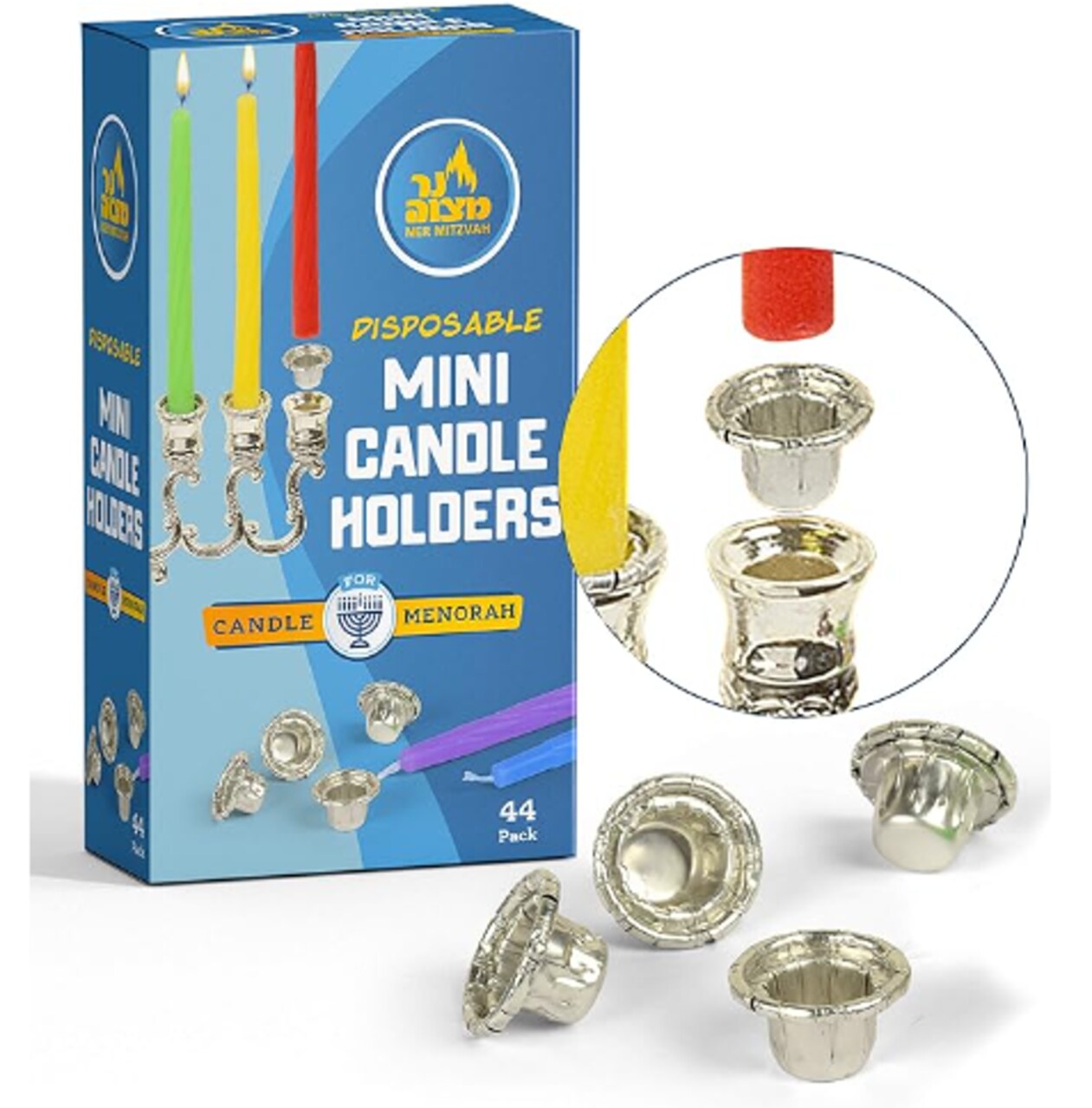 Mini Candle Holders for Menorah – Disposable Metal Chanukah Candle Cups, 44 Count